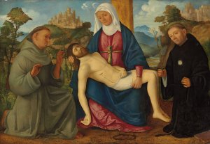 The Pieta With Saints Francis And Nicholas Of Tolenti by Marcello Fogolino Oil Painting