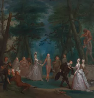 Scene in a park, with figures from the Commedia dell'Arte by Marcellus Laroon The Younger Oil Painting