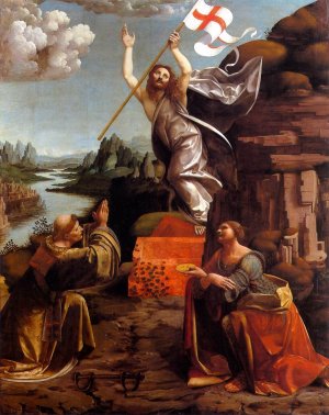 Resurrection of Christ with Sts Leonardo and Lucy Oil painting by Marco D' Oggiono