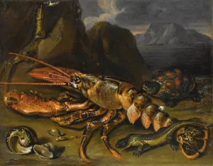 Still Life With Lobster, Lizards And Turtle by Marco De Caro Oil Painting