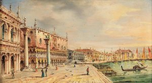 Venice, a view of Riva degli Schiavoni with Palazzo Ducale by Marco Grubas Oil Painting