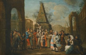 A Street Scene With Commedia Dell'arte Performers And Musicians Gathered Around Two Puppets, An Obelisk Beyond by Marco Marcola Oil Painting