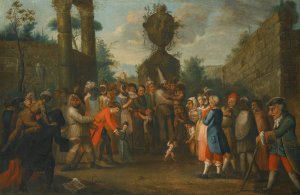 A Street Scene With Commedia Dell'arte Performers Gathered Around A Monkey, An Urn Beyond by Marco Marcola Oil Painting