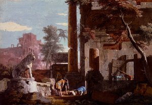 An Architectural Capriccio With Figures, A Man Drinking From A Fountain