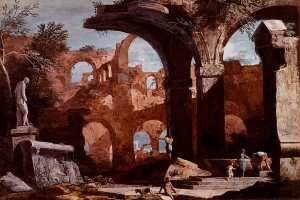 An Architectural Capriccio With Figures Investigating A Tomb Amongst Ruins