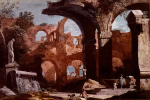 An Architectural Capriccio With Figures Investigating A Tomb Amongst Ruins painting by Marco Ricci