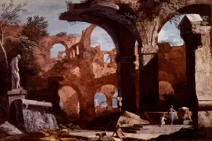 An Architectural Capriccio With Figures Investigating A Tomb Amongst Ruins Oil painting by Marco Ricci