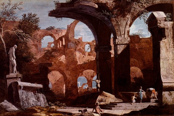 Main Product Photo of An Architectural Capriccio With Figures Investigating A Tomb Amongst Ruins Painting by Marco Ricci