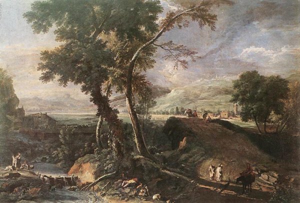Main Product Photo of Landscape with River and Figures Painting by Marco Ricci
