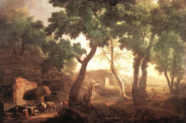 Main Product Photo of Landscape with Watering Horses Painting by Marco Ricci