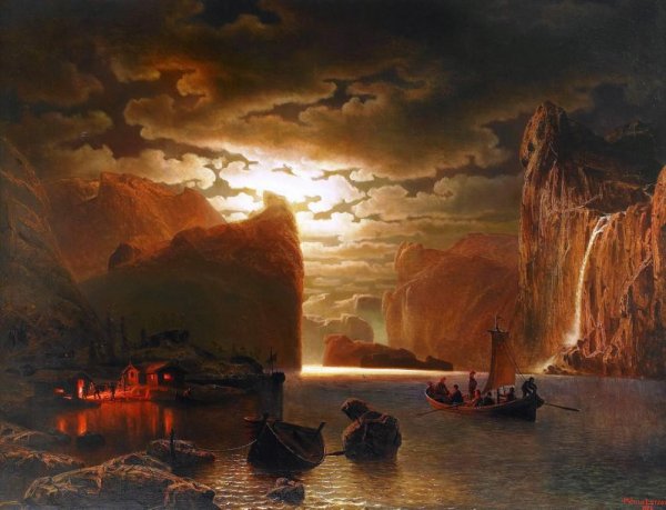Fishing Near The Fjord By Moonlight by Marcus Larson - Hand-Painted Oil Painting Reproduction