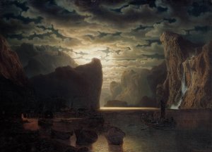 Norwegian Fjord in Moonlight by Marcus Larson Oil Painting