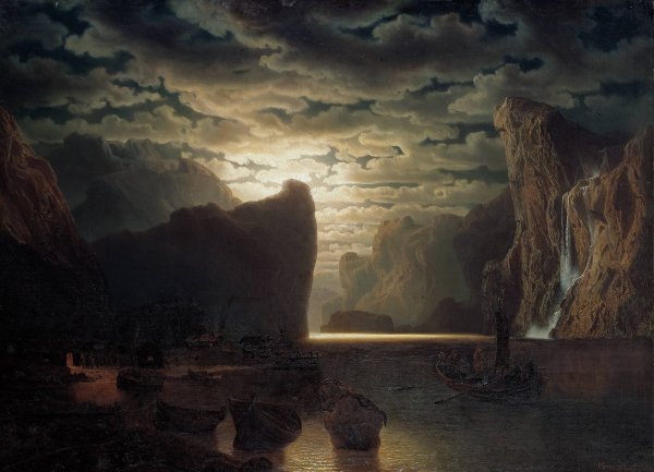 Norwegian Fjord in Moonlight  by Marcus Larson - Hand-Painted Oil Painting Reproduction