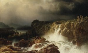 Rocky Landscape with Waterfall by Marcus Larson Oil Painting