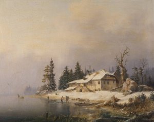 Bauernhof am winterlichen See by Marcus Pernhardt Oil Painting