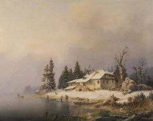 Bauernhof am winterlichen See by Marcus Pernhardt Oil Painting
