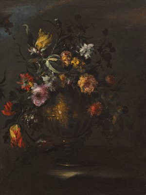 A Still Life Of Roses, Tulips And Other Flowers In A Bronze Vase On A Stone Ledge by Margherita Caffi Oil Painting