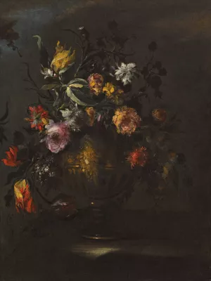 A Still Life Of Roses, Tulips And Other Flowers In A Bronze Vase On A Stone Ledge by Margherita Caffi Oil Painting