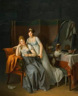 Two Ladies In An Interior Reading a Letter, With a Dog On a Bench Looking Into a Mirror by Marguerite Gerard Oil Painting