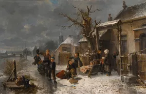 Children Playing By A Canal In Winter by Mari Ten Kate Oil Painting