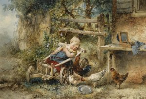 Feeding the chickens by Mari Ten Kate Oil Painting