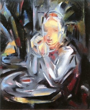 Youth Seated at a Table Facing a Cup