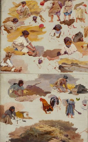 Studies of peasant women for the painting “Building a Cottage” by Maria Klass-Kazanowska Oil Painting