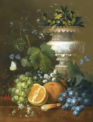 A Still Life With Violets, Grapes And Oranges On A Ledge by Maria Margrita Van Os Oil Painting