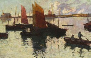 Sail boats and other boats on the river by Maria Schayer-Gorska Oil Painting