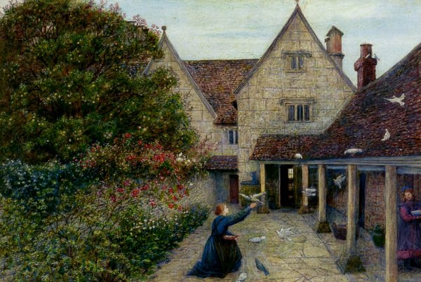 Main Product Photo of Feeding The Doves At Kelmscott Manor, Oxfordshire Painting by Maria Spartali Stillman