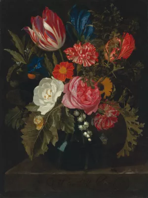Still Life Of Roses, Carnations, A Tulip And Other Flowers In A Glass Vase by Maria Van Oosterwijck Oil Painting