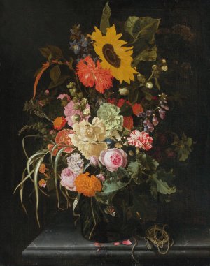Still Life Of Roses, Carnations, Marigolds And Other Flowers With A Sunflower And Striped Grass by Maria Van Oosterwijck Oil Painting