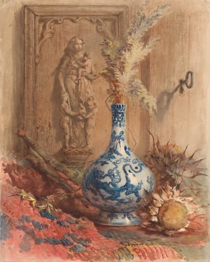 Stilleven met Chinese vaas en gedroogde zonnebloemen by Maria Vos Oil Painting