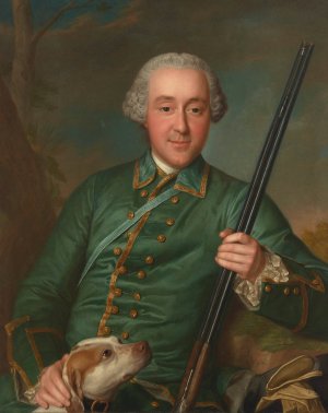 Portrait of Nicholas Anne de Lisle with a rifle and hunting dog by Marianne Loir Oil Painting