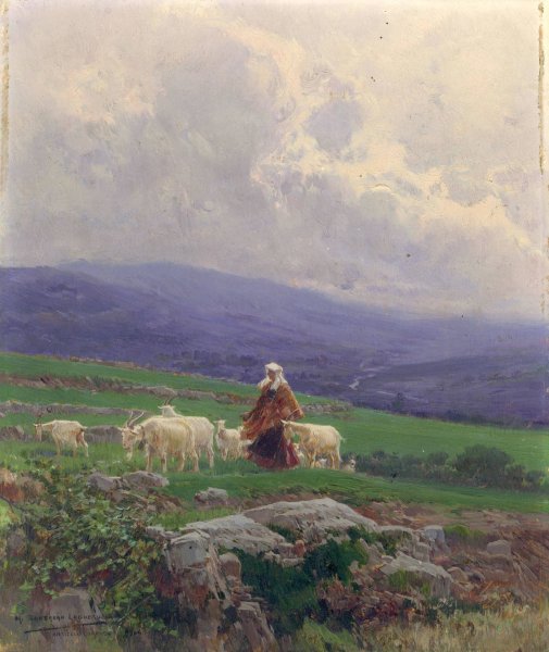 Goats in the Pasture, Anticoli Corrado  by Mariano Barbasan - Hand-Painted Oil Painting Reproduction