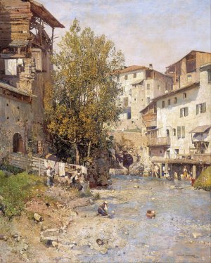 Landscape with a Village on the Outskirts of Rome by Mariano Barbasan Oil Painting