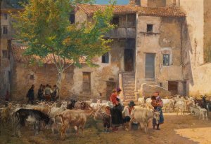Milking time in Anticoli Corrado by Mariano Barbasan Oil Painting