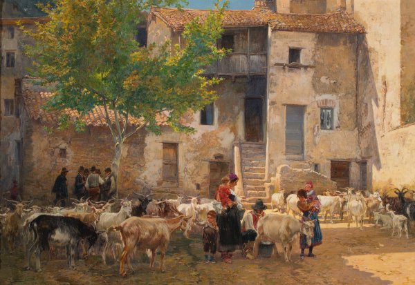 Milking time in Anticoli Corrado  by Mariano Barbasan - Hand-Painted Oil Painting Reproduction