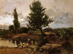 Washerwoman Along a Rivers Edge by Mariano Barbasan Oil Painting