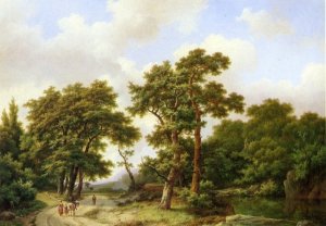A Wooded Landscape with Travelers and a Horseman Conversing on a Track along a Pond by Marinus Adrianus Koekkoek Oil Painting