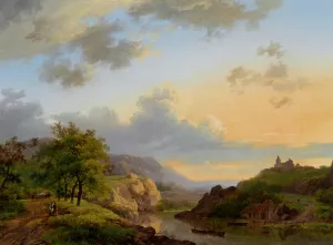 Travellers in an Extensive Landscape Oil painting by Marinus Adrianus Koekkoek