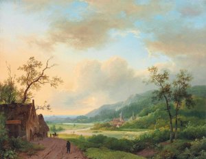Travellers on a riverside track at dusk by Marinus Adrianus Koekkoek Oil Painting
