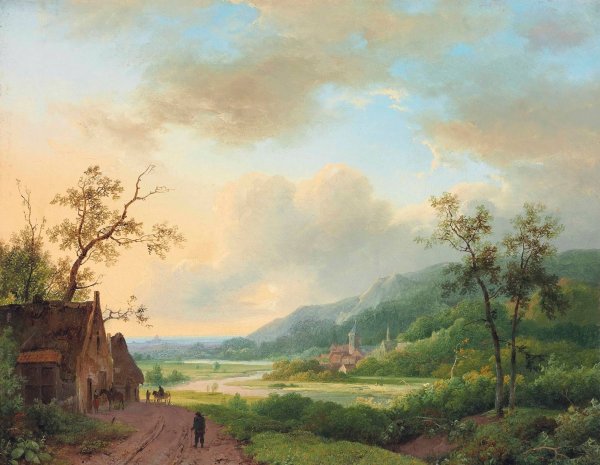 Main Product Photo of Travellers on a riverside track at dusk  Painting by Marinus Adrianus Koekkoek