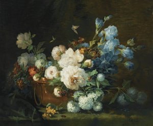 A Flower Still Life With Peonies, Irises, Hydrangea In A Copper Kettle, A Beetle And Butterflies by Marie Beloux-Hodieux Oil Painting