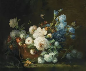 A Flower Still Life With Peonies, Irises, Hydrangea In A Copper Kettle, A Beetle And Butterflies by Marie Beloux-Hodieux Oil Painting