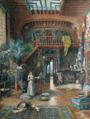 Sarah Bernhardt sculpting in her studio by Marie-Desiree Bourgoin Oil Painting