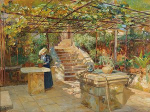 A flower lover on a sunny terrace by Marie Egner Oil Painting