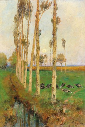 A poplar-lined avenue with turkeys by Marie Egner Oil Painting