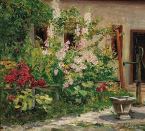 Front Garden with Blossoming Hollyhocks by Marie Egner Oil Painting