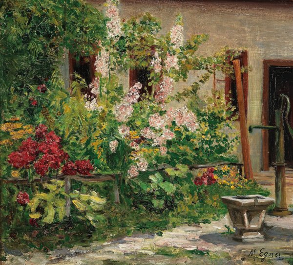Front Garden with Blossoming Hollyhocks by Marie Egner - Hand-Painted Oil Painting Reproduction